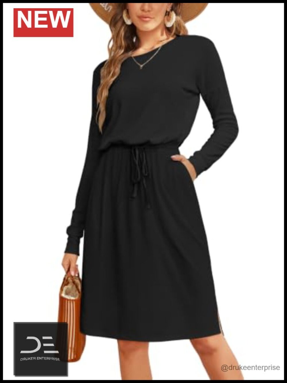 Women's Long Sleeve Knee-Length Casual Dress with Pockets, Crew Neck